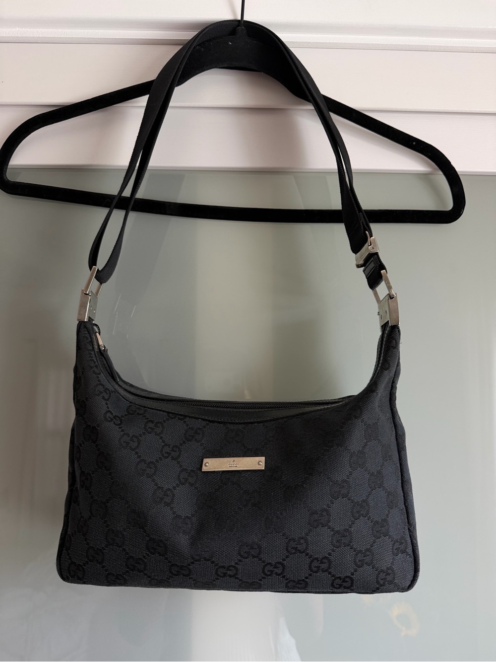 Gucci Black GG Canvas Shoulder Bag with Silver Plaque